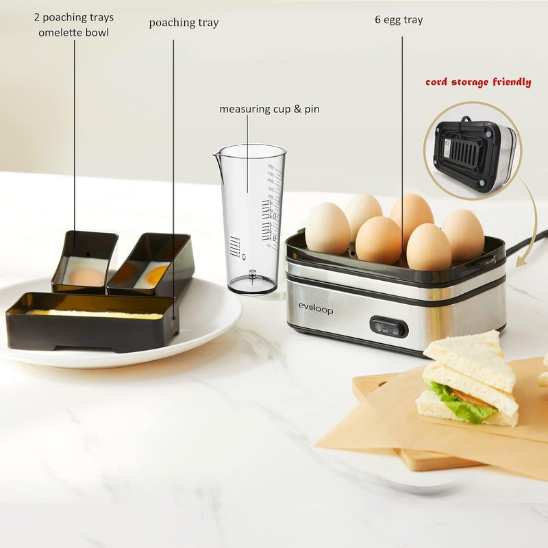 evoloop Rapid Egg Cooker Electric 6 Eggs Capacity, Soft, Medium, Hard Boiled, Poacher, Omelet Maker Egg Poacher With Auto Shut-Off, BPA Free - Image 4